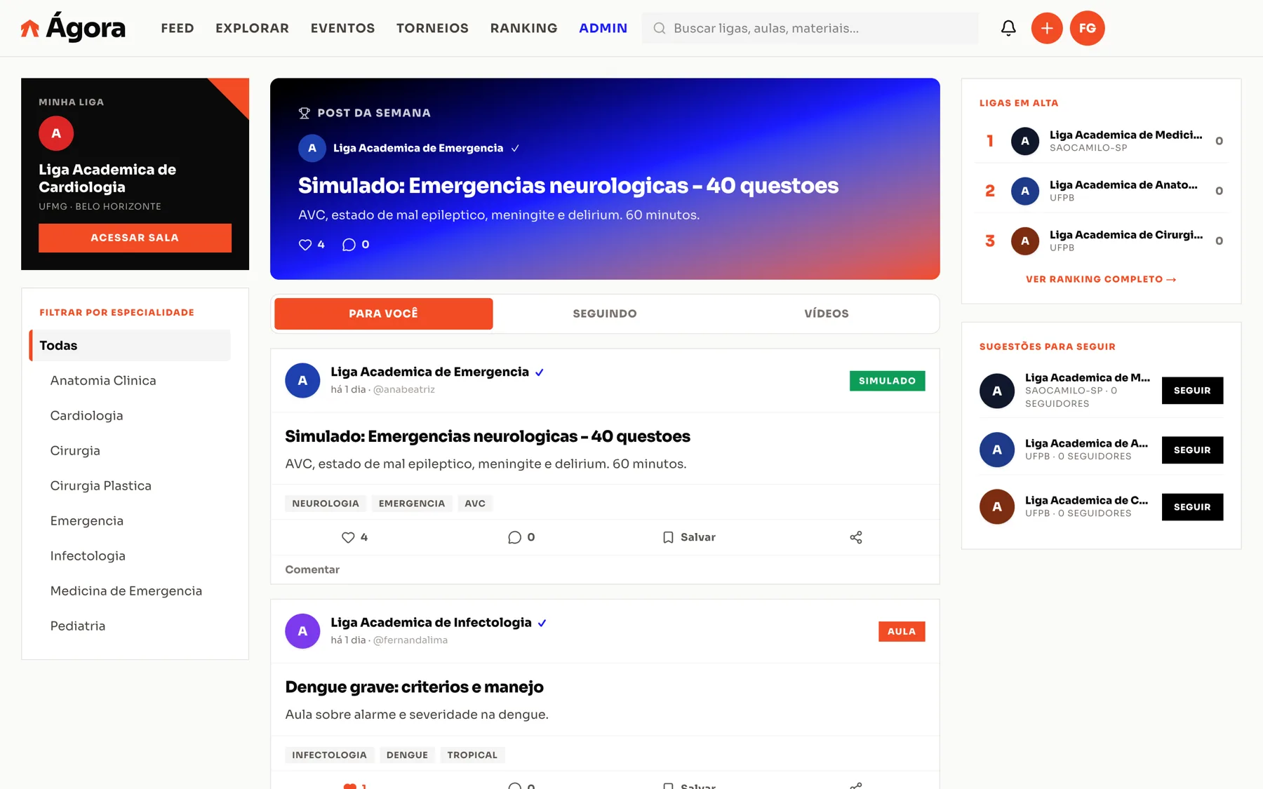 Feed da Ágora Ligas com conteúdos de ligas acadêmicas.