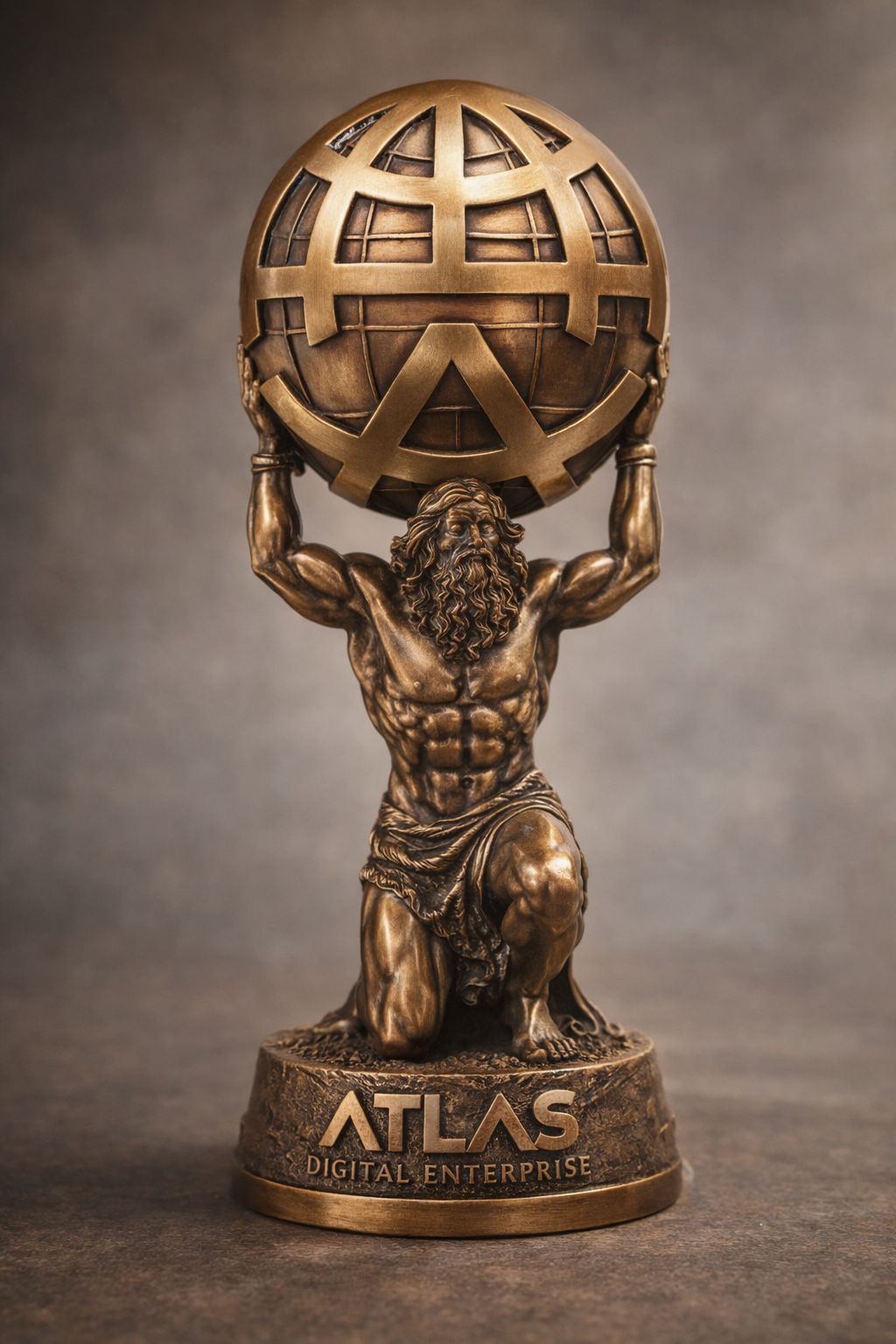 Escultura de Atlas sustentando o símbolo do Atlas Digital Enterprise.
